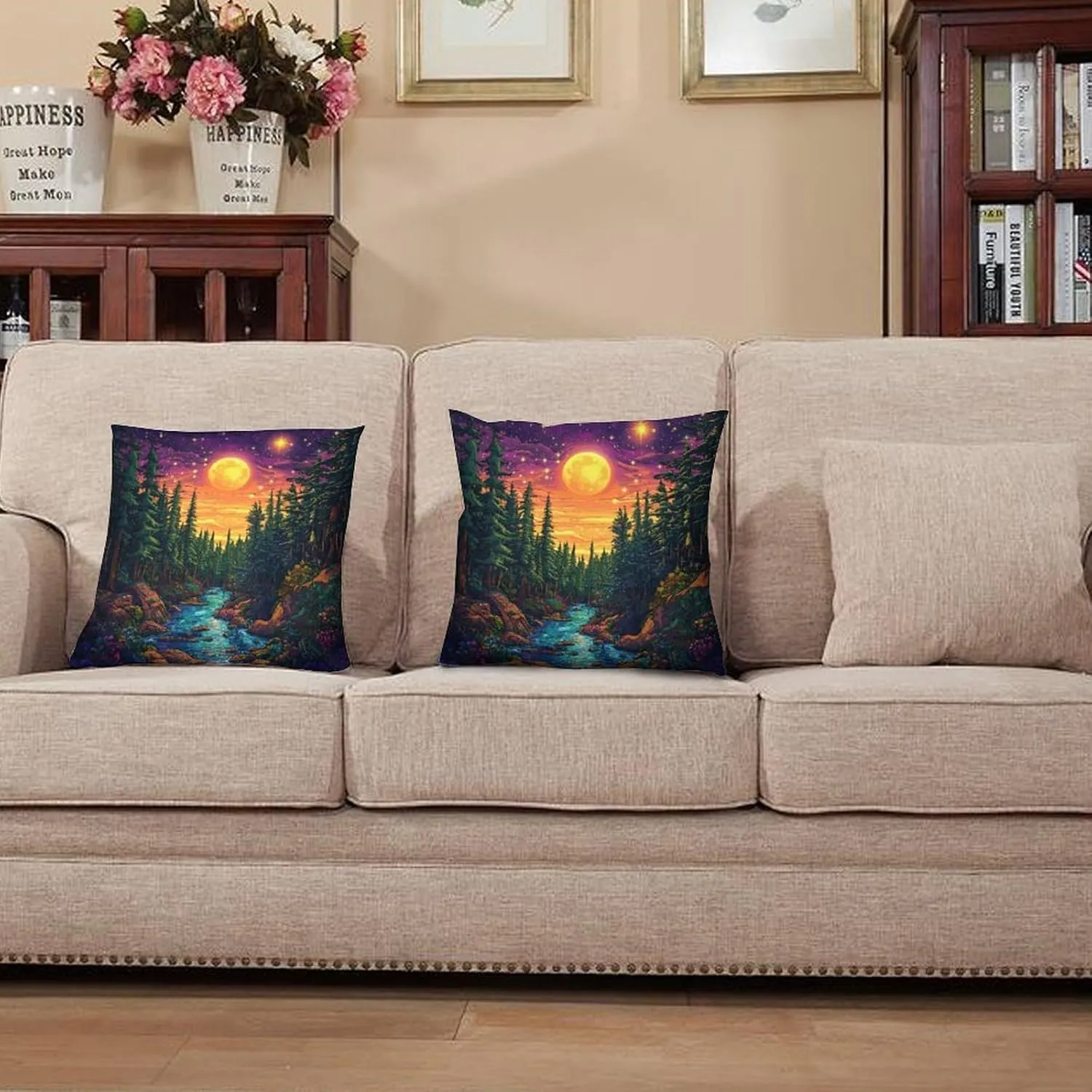 2 Packs Moon Starry Woodland Throw Pillow Covers for Living Room, Pine Tree Stream Jungle Pillow Covers Cushion Case for Couch Sofa Bed
