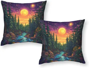 2 Packs Moon Starry Woodland Throw Pillow Covers for Living Room, Pine Tree Stream Jungle Pillow Covers Cushion Case for Couch Sofa Bed