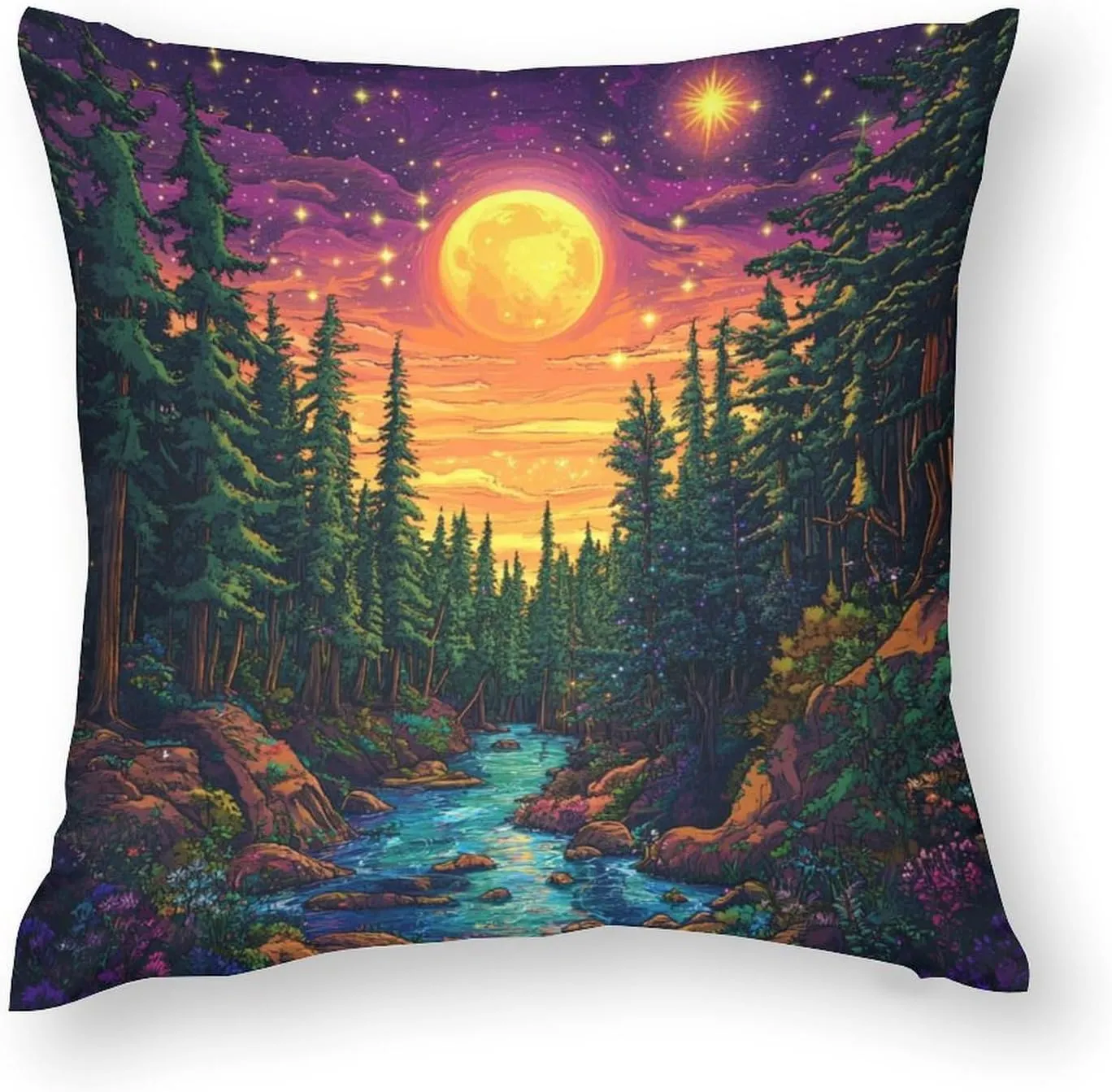 2 Packs Moon Starry Woodland Throw Pillow Covers for Living Room, Pine Tree Stream Jungle Pillow Covers Cushion Case for Couch Sofa Bed