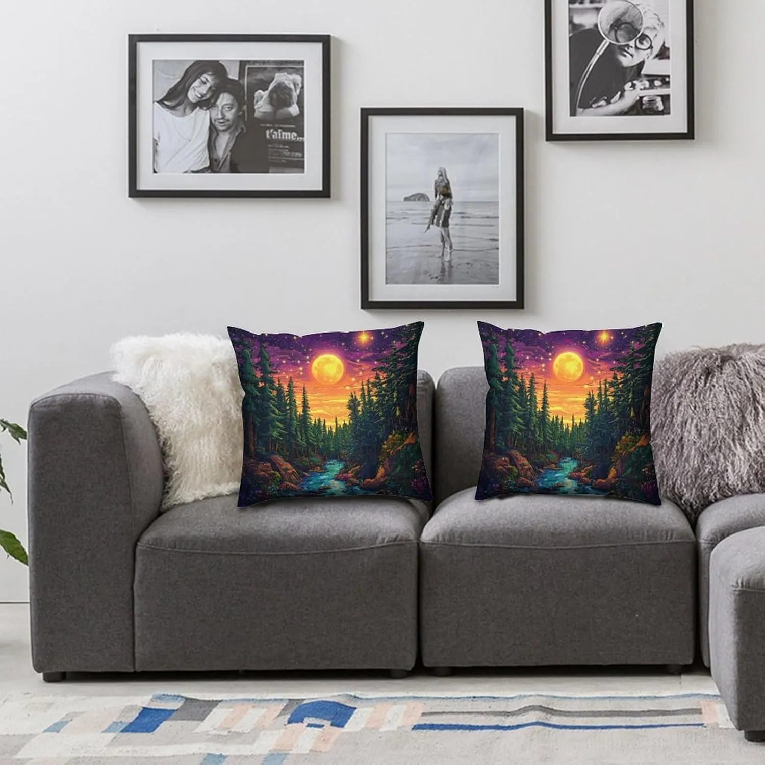 2 Packs Moon Starry Woodland Throw Pillow Covers for Living Room, Pine Tree Stream Jungle Pillow Covers Cushion Case for Couch Sofa Bed