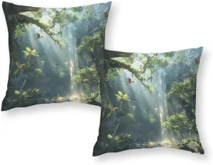 2 Packs Rainforest Waterfall Throw Pillow Covers for Living Room, Parrot Bird Nature Jungle Pillow Covers Cushion Case for Couch Sofa Bed, 16x16 inch