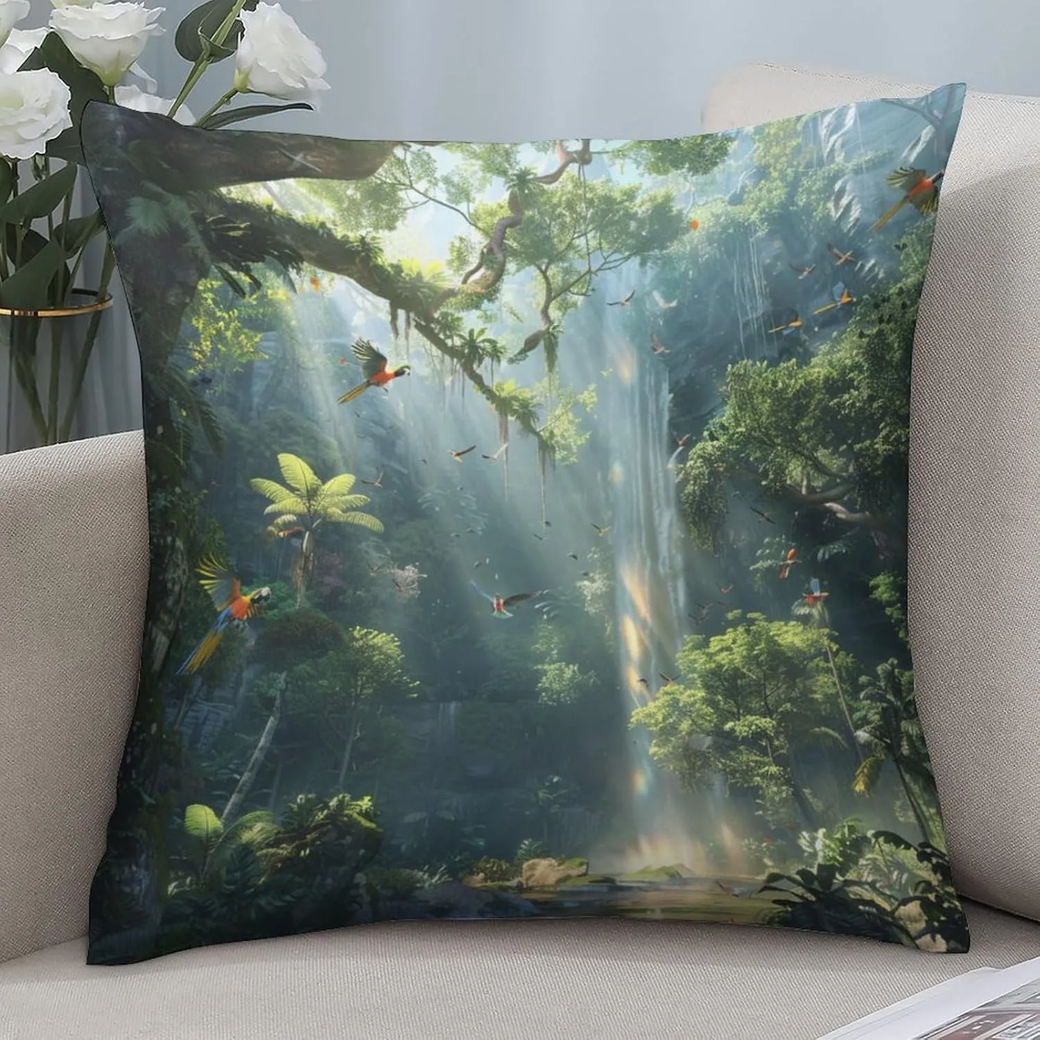 2 Packs Rainforest Waterfall Throw Pillow Covers for Living Room, Parrot Bird Nature Jungle Pillow Covers Cushion Case for Couch Sofa Bed, 16x16 inch