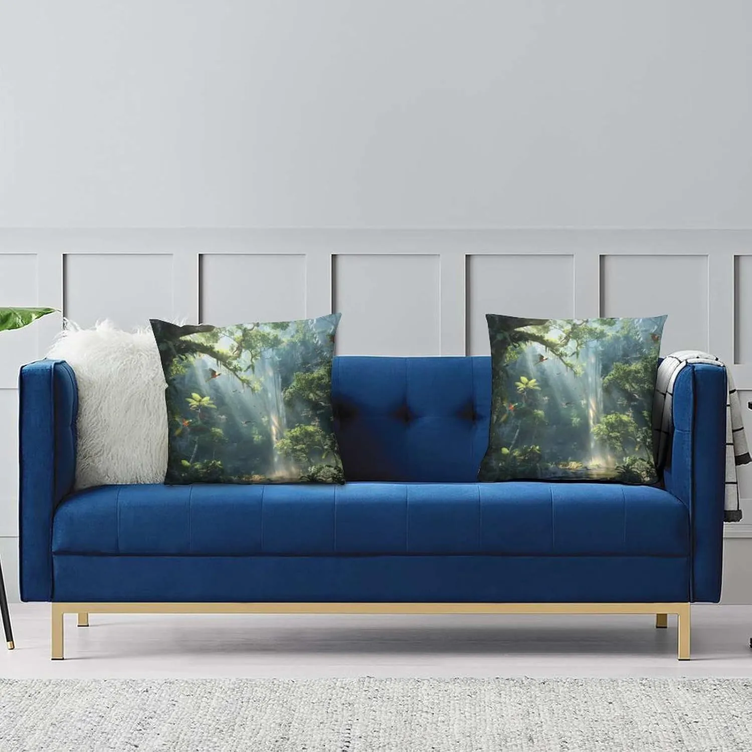 2 Packs Rainforest Waterfall Throw Pillow Covers for Living Room, Parrot Bird Nature Jungle Pillow Covers Cushion Case for Couch Sofa Bed, 16x16 inch