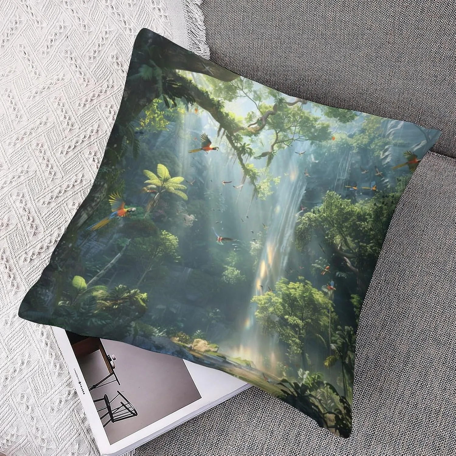 2 Packs Rainforest Waterfall Throw Pillow Covers for Living Room, Parrot Bird Nature Jungle Pillow Covers Cushion Case for Couch Sofa Bed, 16x16 inch