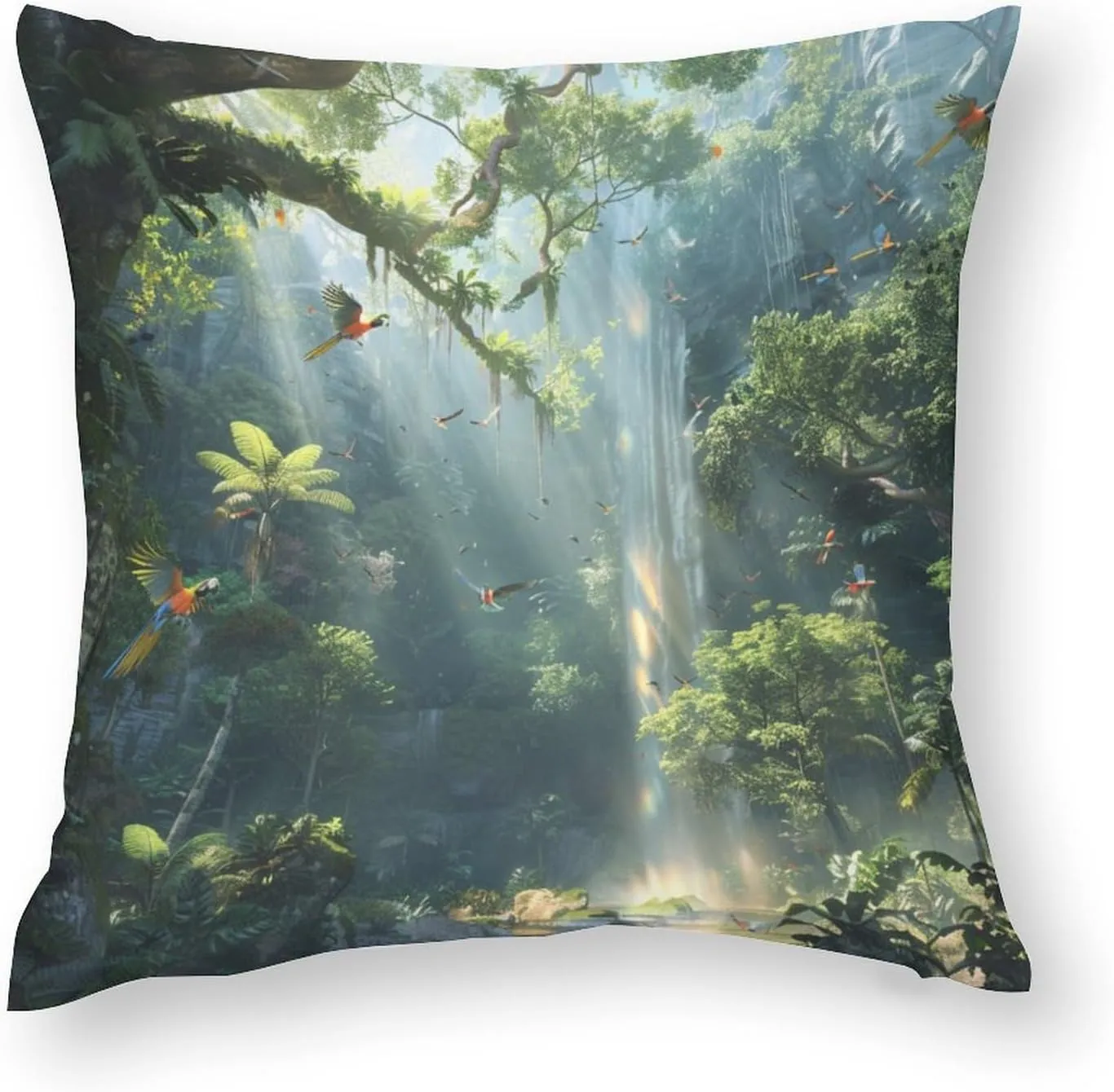 2 Packs Rainforest Waterfall Throw Pillow Covers for Living Room, Parrot Bird Nature Jungle Pillow Covers Cushion Case for Couch Sofa Bed, 16x16 inch