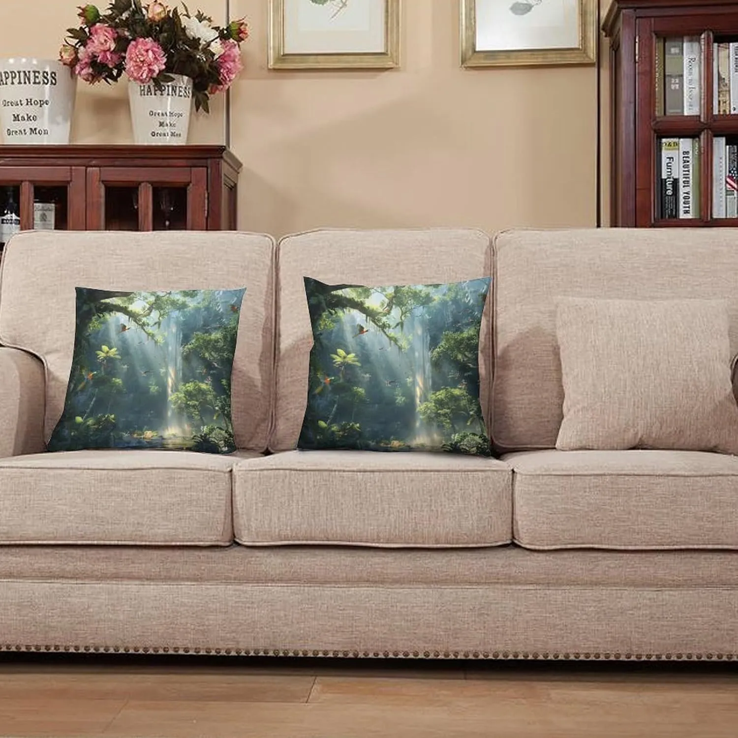 2 Packs Rainforest Waterfall Throw Pillow Covers for Living Room, Parrot Bird Nature Jungle Pillow Covers Cushion Case for Couch Sofa Bed, 16x16 inch