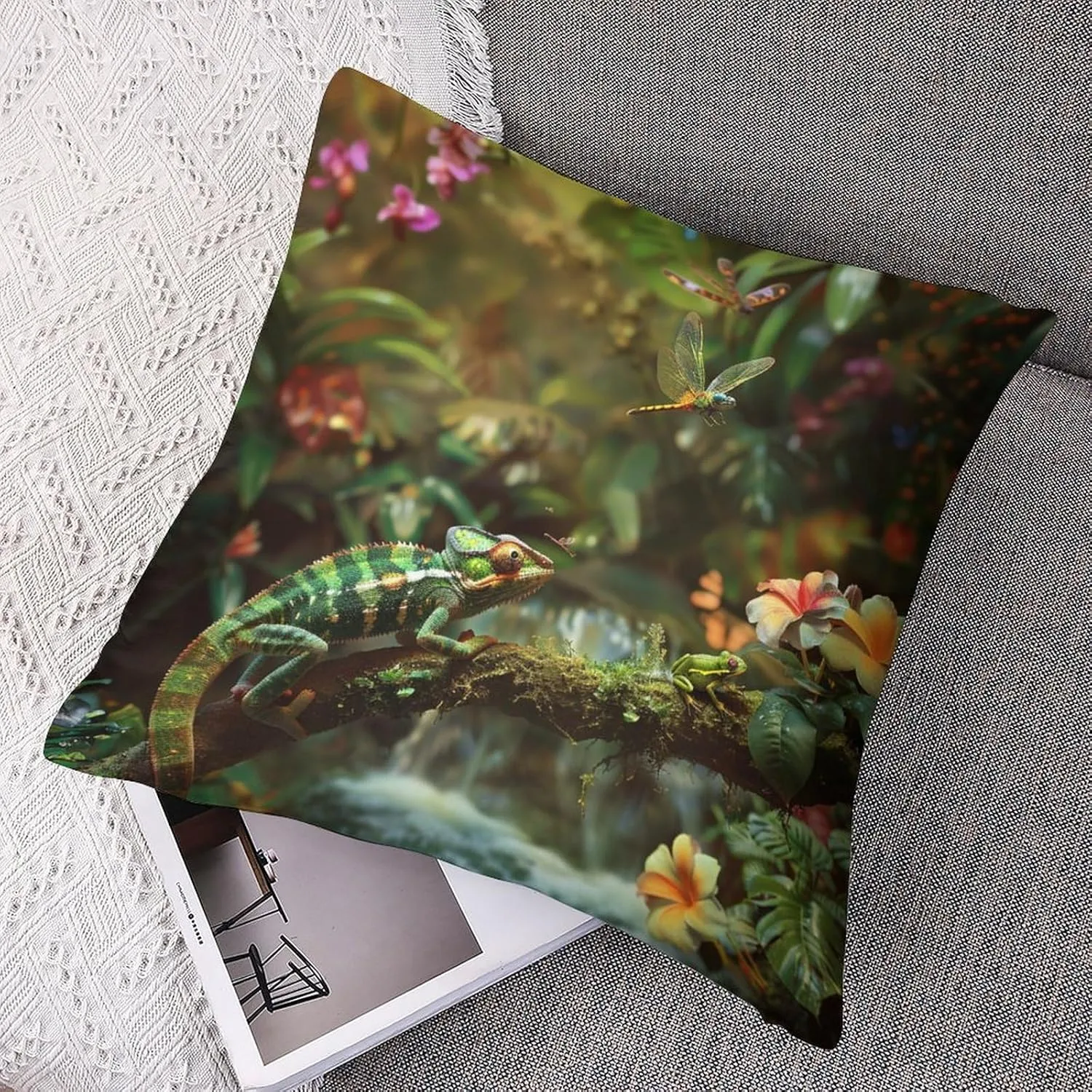 2 Packs Tropical Jungle Stream Throw Pillow Covers for Living Room, Chameleon Dragonfly Frog Pillow Covers Cushion Case for Couch Sofa Bed, 16x16 inch