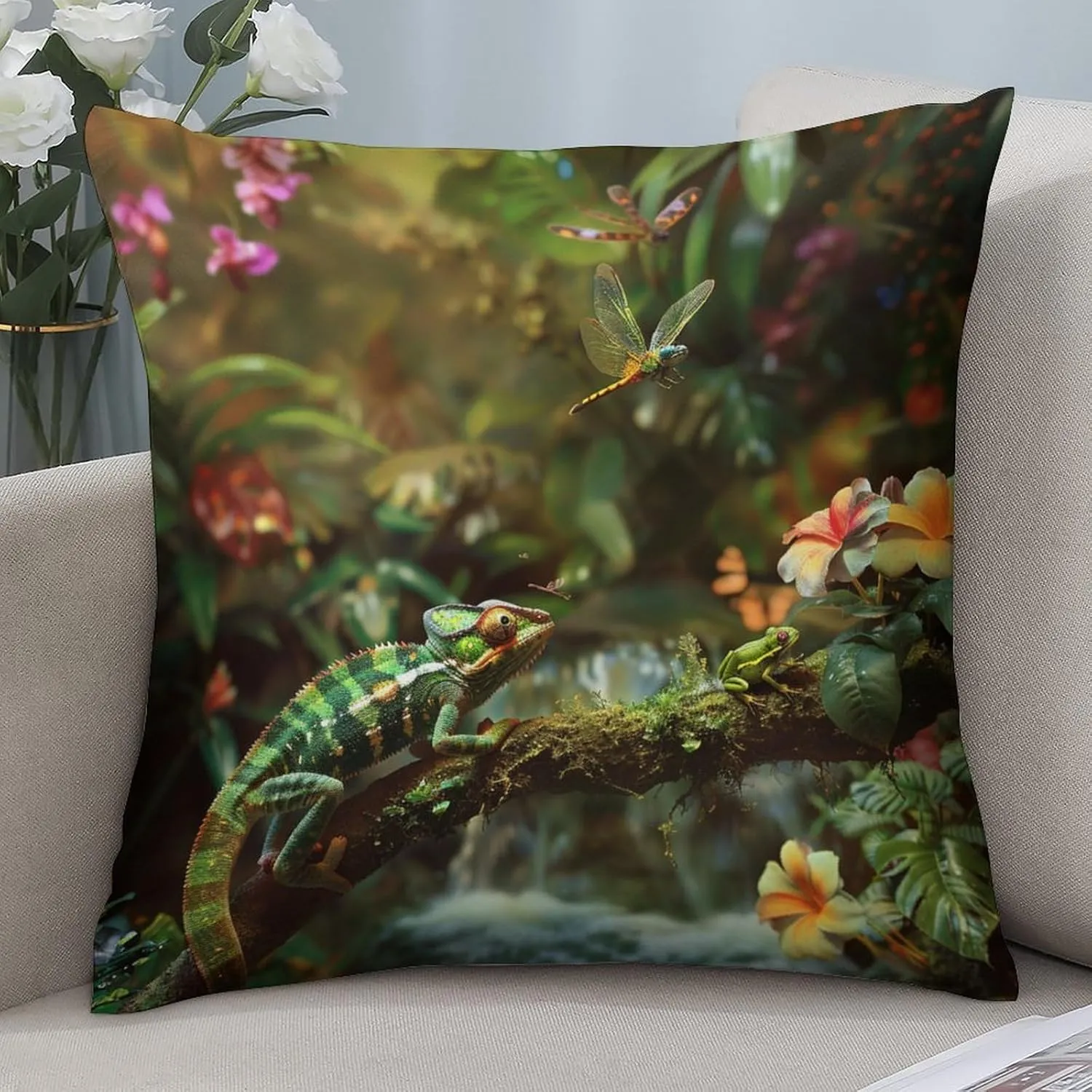 2 Packs Tropical Jungle Stream Throw Pillow Covers for Living Room, Chameleon Dragonfly Frog Pillow Covers Cushion Case for Couch Sofa Bed, 16x16 inch