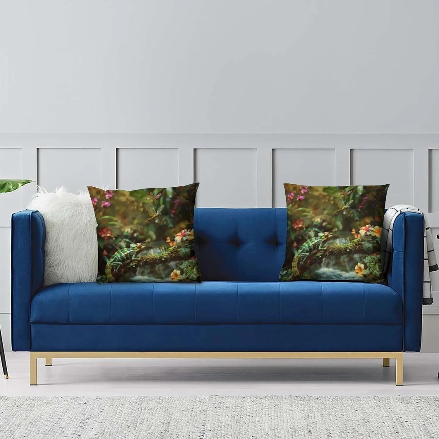 2 Packs Tropical Jungle Stream Throw Pillow Covers for Living Room, Chameleon Dragonfly Frog Pillow Covers Cushion Case for Couch Sofa Bed, 16x16 inch