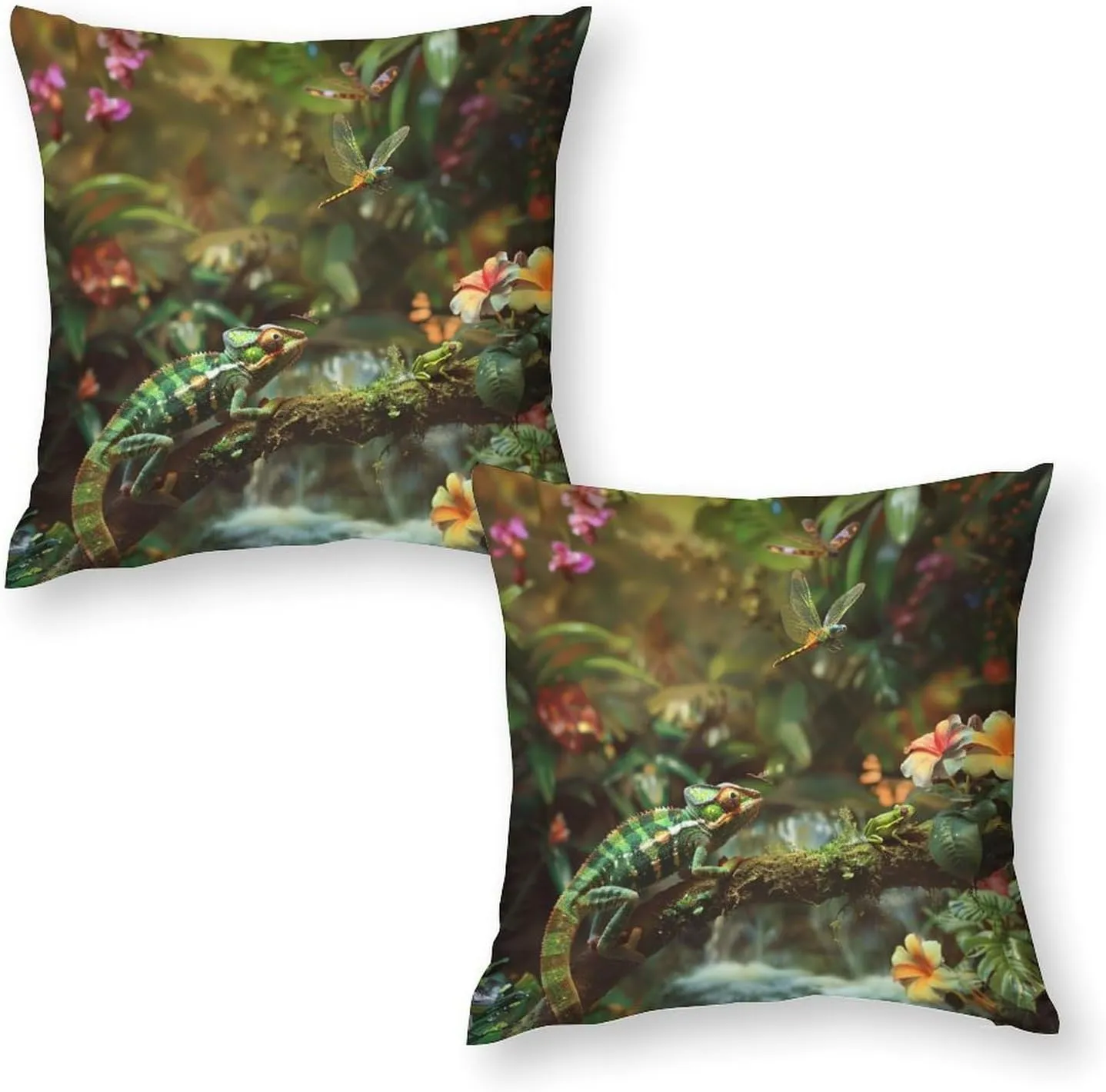2 Packs Tropical Jungle Stream Throw Pillow Covers for Living Room, Chameleon Dragonfly Frog Pillow Covers Cushion Case for Couch Sofa Bed, 16x16 inch