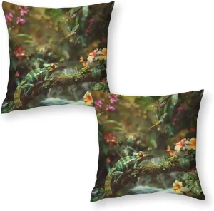 2 Packs Tropical Jungle Stream Throw Pillow Covers for Living Room, Chameleon Dragonfly Frog Pillow Covers Cushion Case for Couch Sofa Bed, 16x16 inch