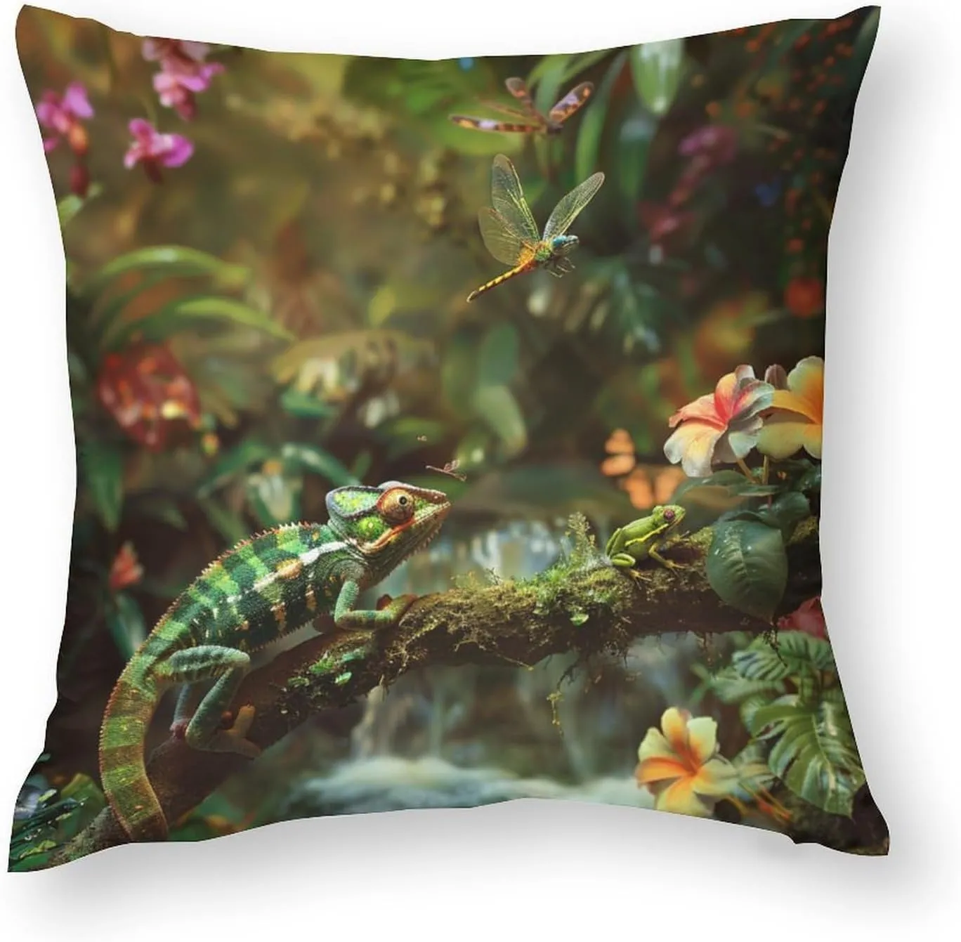 2 Packs Tropical Jungle Stream Throw Pillow Covers for Living Room, Chameleon Dragonfly Frog Pillow Covers Cushion Case for Couch Sofa Bed, 16x16 inch