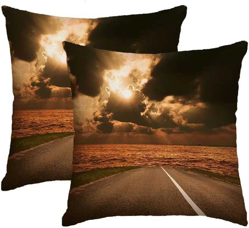 2 Packs Waterproof Linen Throw Pillow Cover, 12 x 20 Inch Ocean Morning Yellow Highway Straight Road Sunset Landscape Trip Nature Sunlight Textures Roadway Cushion Case Decoration for Sofa Couch