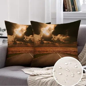 2 Packs Waterproof Linen Throw Pillow Cover, 12 x 20 Inch Ocean Morning Yellow Highway Straight Road Sunset Landscape Trip Nature Sunlight Textures Roadway Cushion Case Decoration for Sofa Couch
