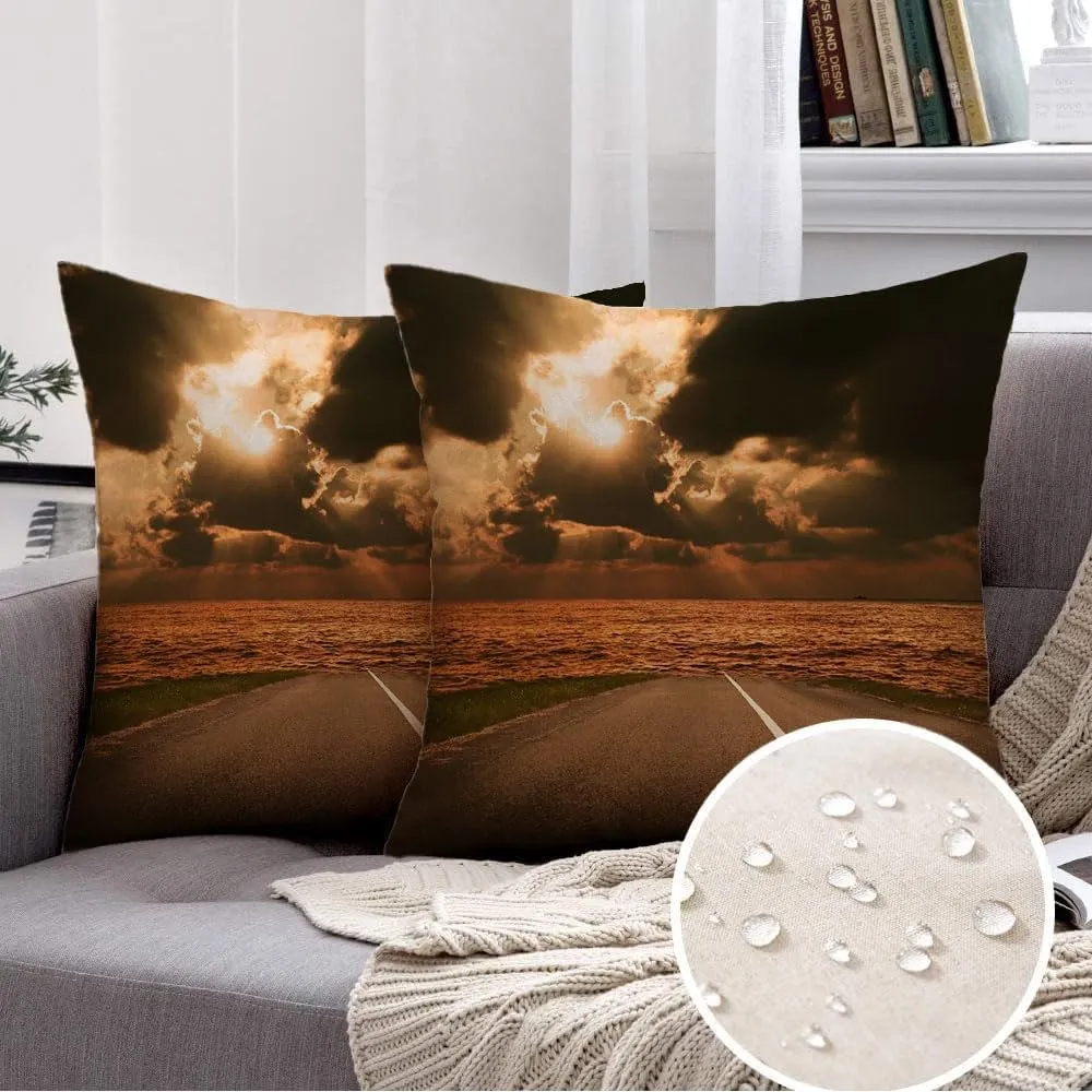 2 Packs Waterproof Linen Throw Pillow Cover, 12 x 20 Inch Ocean Morning Yellow Highway Straight Road Sunset Landscape Trip Nature Sunlight Textures Roadway Cushion Case Decoration for Sofa Couch