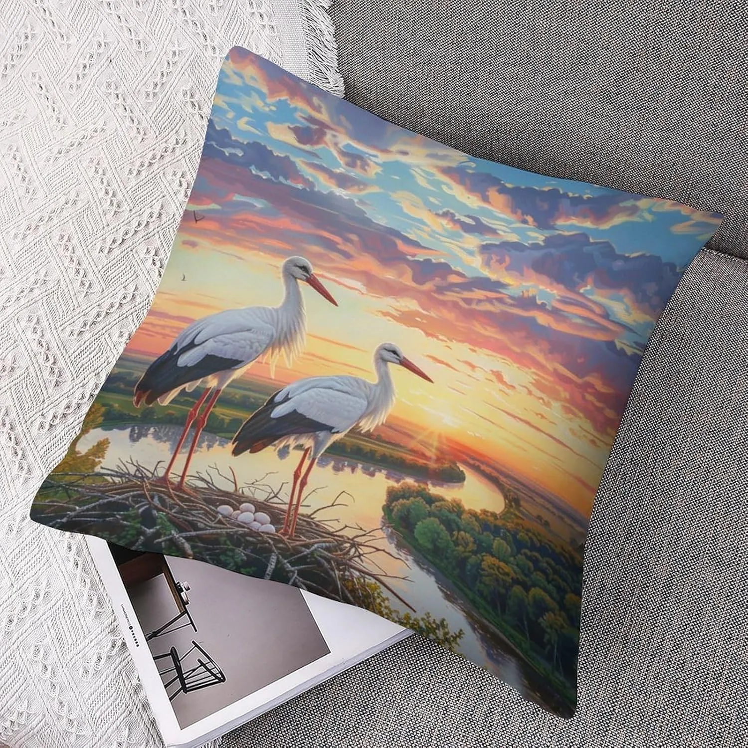 2 Packs White Stork Throw Pillow Covers for Living Room, Dusk Sky Bird Stream Forest Pillow Covers Cushion Case for Couch Sofa Bed, 16x16 inch