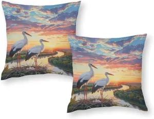 2 Packs White Stork Throw Pillow Covers for Living Room, Dusk Sky Bird Stream Forest Pillow Covers Cushion Case for Couch Sofa Bed, 16x16 inch