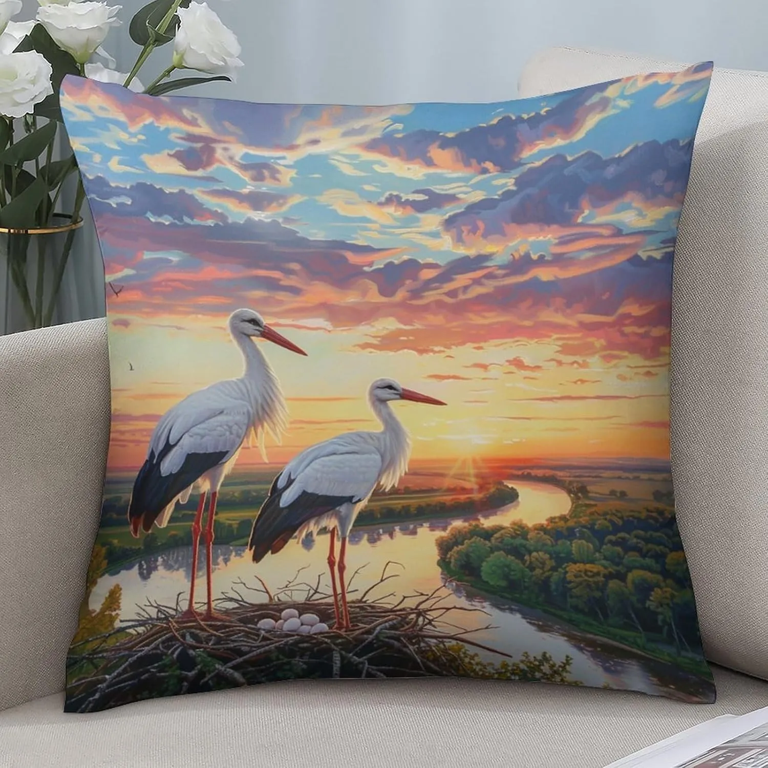 2 Packs White Stork Throw Pillow Covers for Living Room, Dusk Sky Bird Stream Forest Pillow Covers Cushion Case for Couch Sofa Bed, 16x16 inch