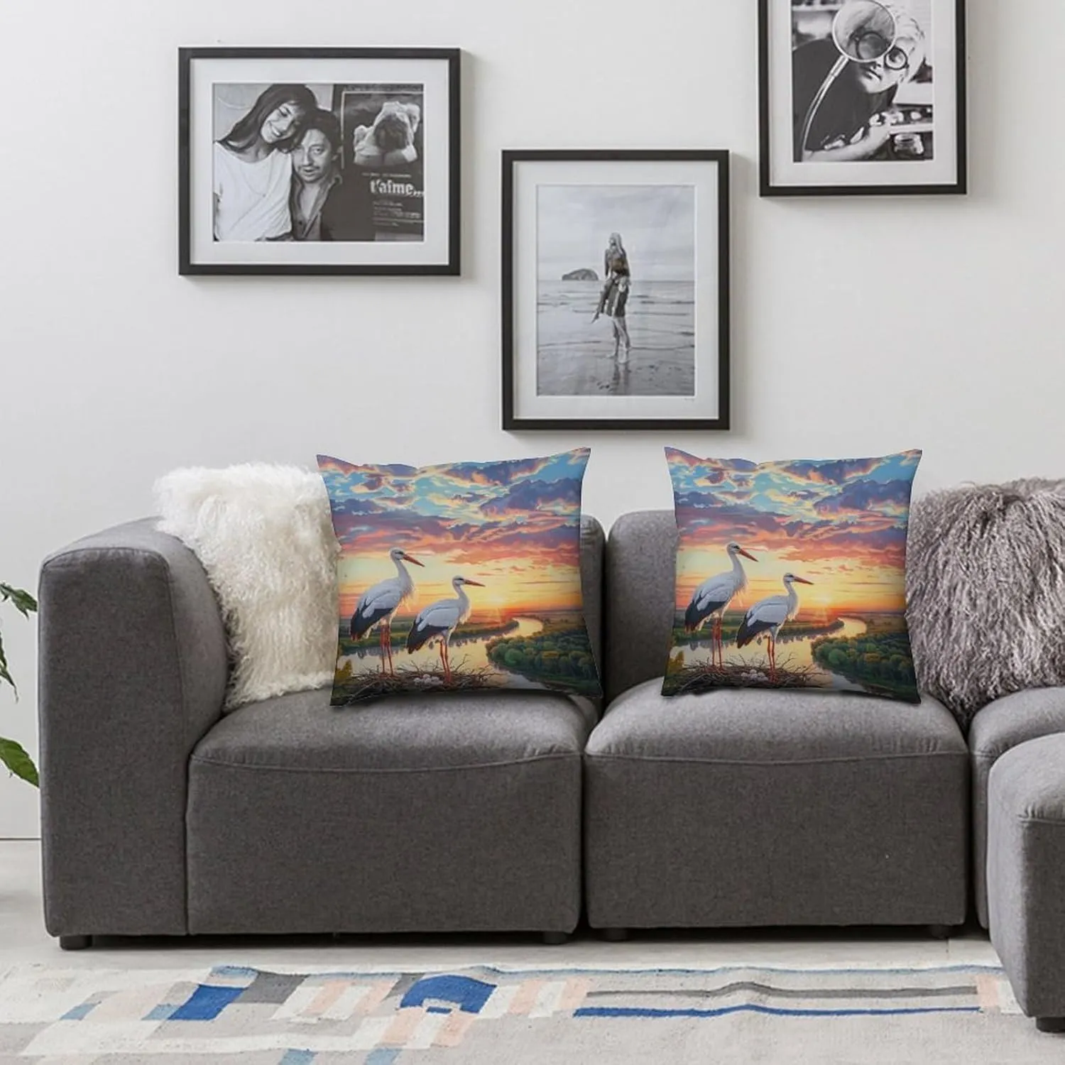 2 Packs White Stork Throw Pillow Covers for Living Room, Dusk Sky Bird Stream Forest Pillow Covers Cushion Case for Couch Sofa Bed, 16x16 inch