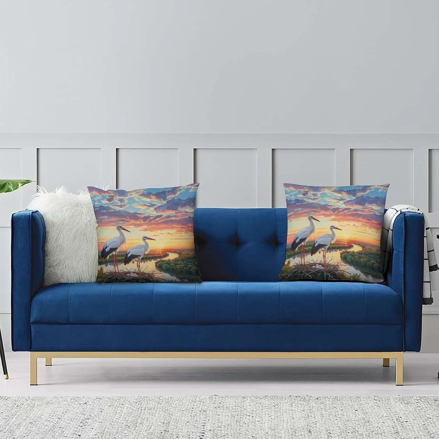 2 Packs White Stork Throw Pillow Covers for Living Room, Dusk Sky Bird Stream Forest Pillow Covers Cushion Case for Couch Sofa Bed, 16x16 inch