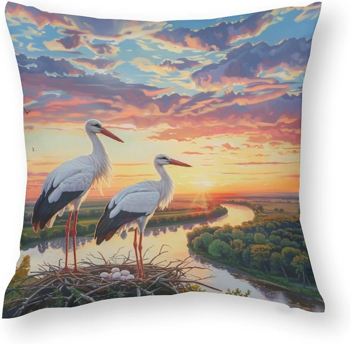 2 Packs White Stork Throw Pillow Covers for Living Room, Dusk Sky Bird Stream Forest Pillow Covers Cushion Case for Couch Sofa Bed, 16x16 inch