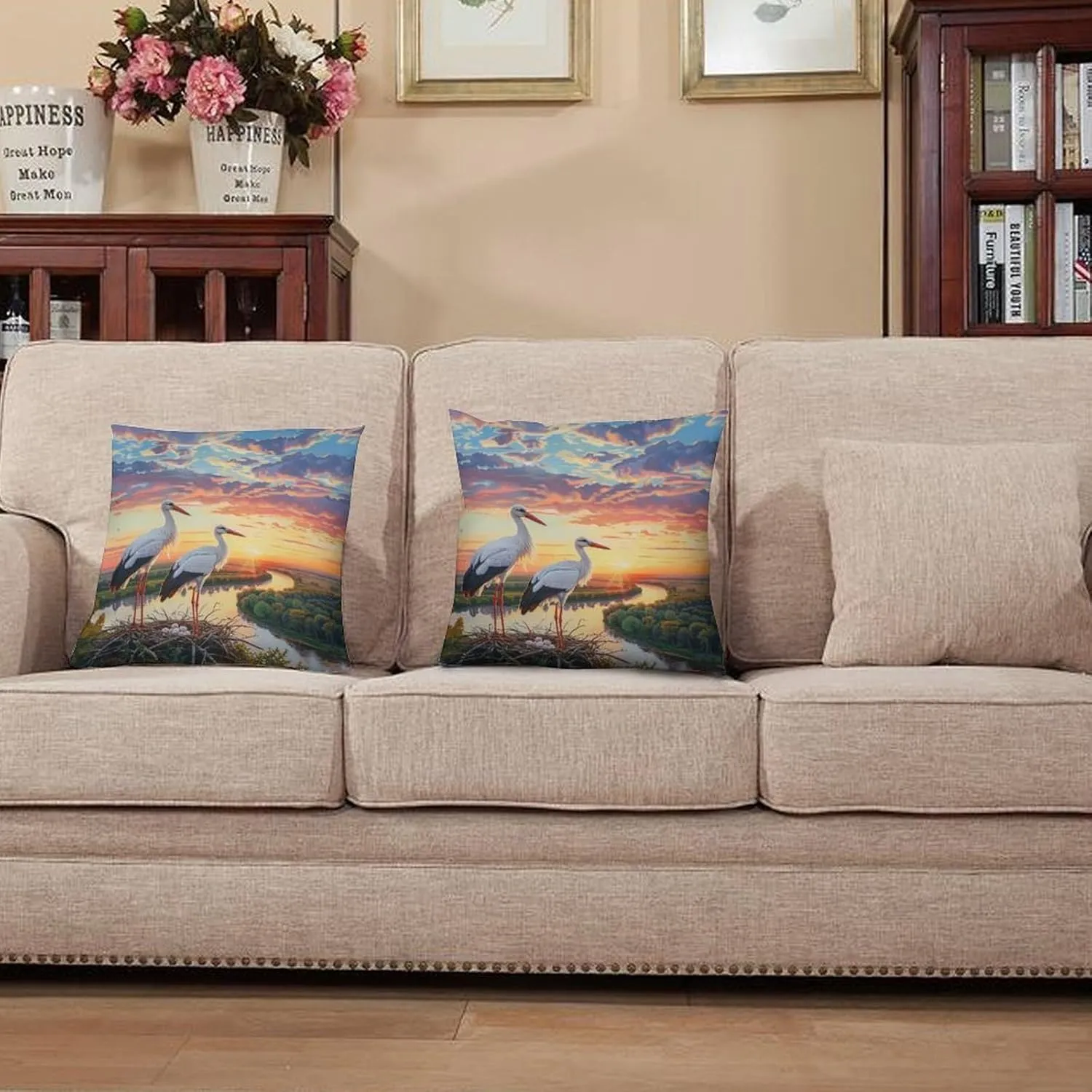 2 Packs White Stork Throw Pillow Covers for Living Room, Dusk Sky Bird Stream Forest Pillow Covers Cushion Case for Couch Sofa Bed, 16x16 inch