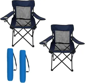 2 Pcs Portable Camping Chair with Cooling Mesh Back Foldable Camp Chairs with Cup Holder Fold Up Chairs Folding Large Lawn Chair for Outdoors Fishing Camping Hiking Travel Picnic Beach