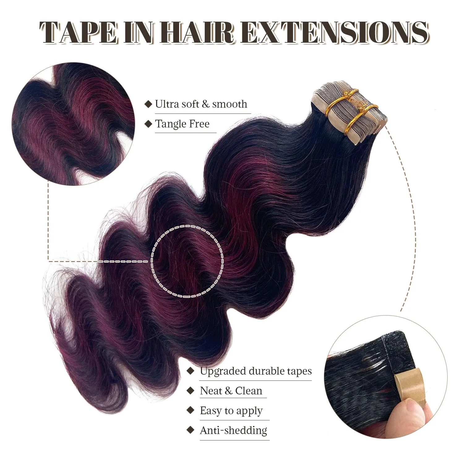 20 Inch Tape in Hair Extensions Human Hair, Body Wave Natural Black Balayage Burgundy Highlights Red Wine Hair Extensions Real Human Hair Tape in Extensions 20pcs 50g/pack Tape Hair Extensions