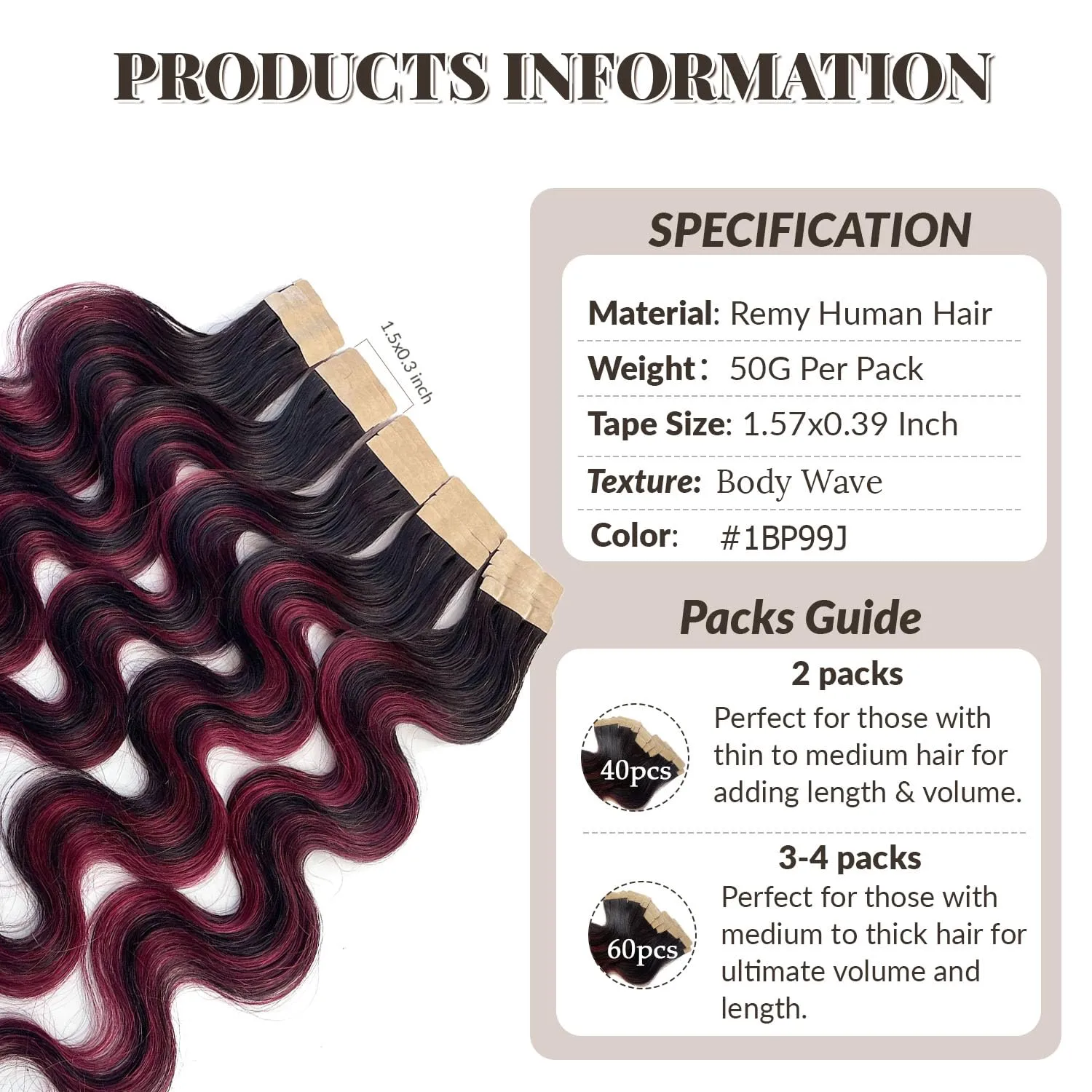 20 Inch Tape in Hair Extensions Human Hair, Body Wave Natural Black Balayage Burgundy Highlights Red Wine Hair Extensions Real Human Hair Tape in Extensions 20pcs 50g/pack Tape Hair Extensions