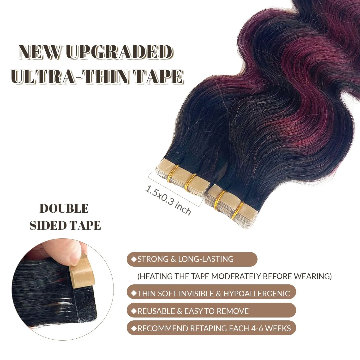 20 Inch Tape in Hair Extensions Human Hair, Body Wave Natural Black Balayage Burgundy Highlights Red Wine Hair Extensions Real Human Hair Tape in Extensions 20pcs 50g/pack Tape Hair Extensions