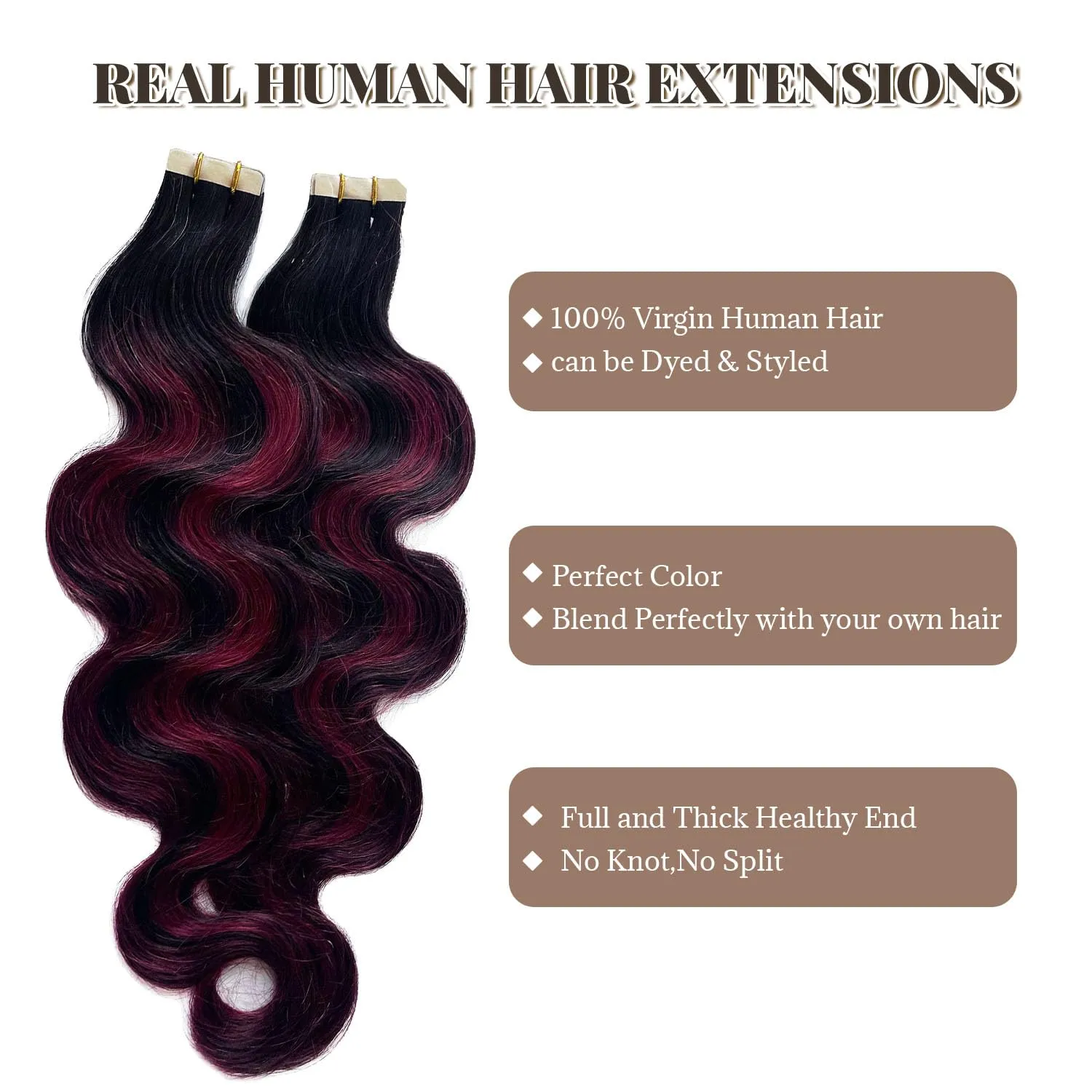 20 Inch Tape in Hair Extensions Human Hair, Body Wave Natural Black Balayage Burgundy Highlights Red Wine Hair Extensions Real Human Hair Tape in Extensions 20pcs 50g/pack Tape Hair Extensions