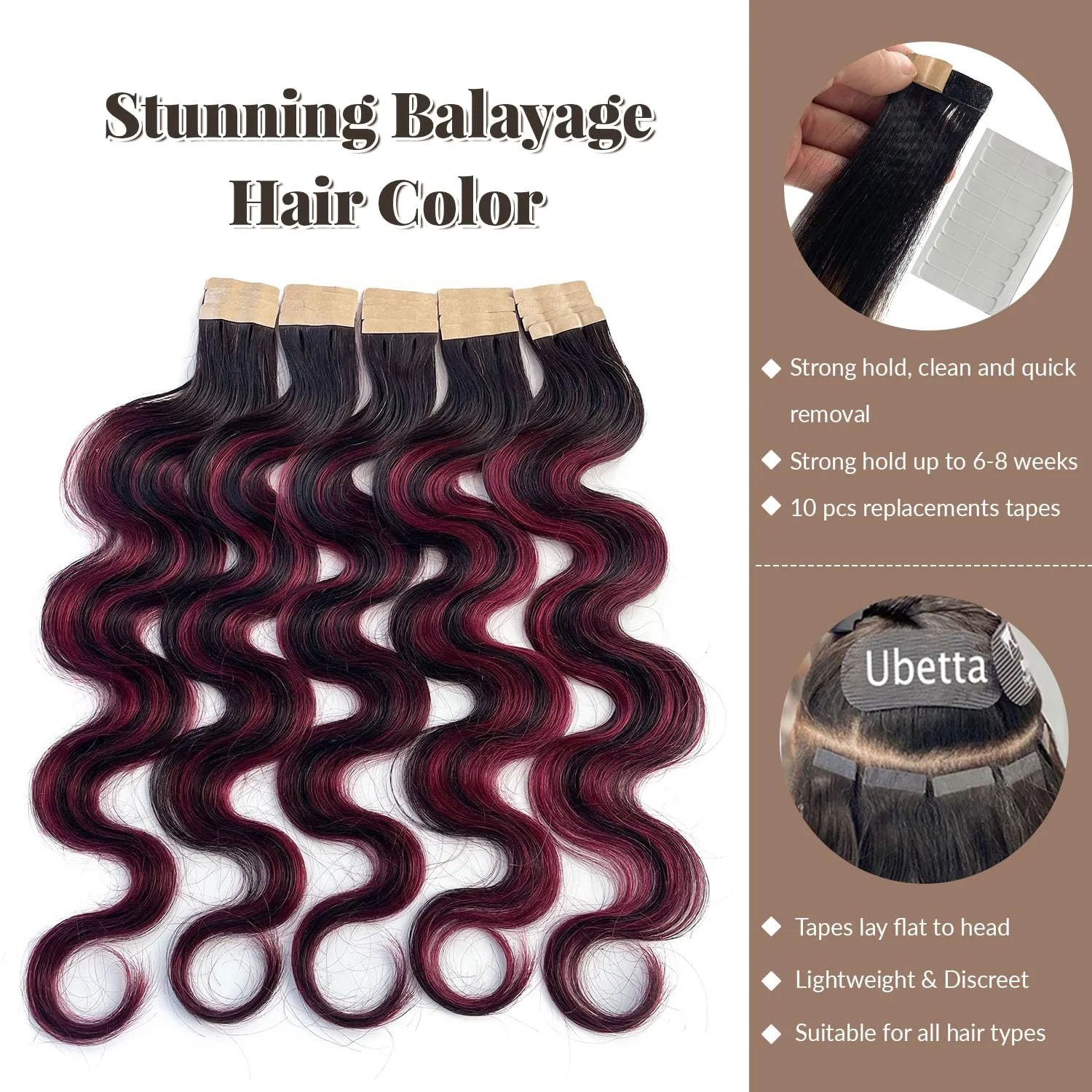 20 Inch Tape in Hair Extensions Human Hair, Body Wave Natural Black Balayage Burgundy Highlights Red Wine Hair Extensions Real Human Hair Tape in Extensions 20pcs 50g/pack Tape Hair Extensions