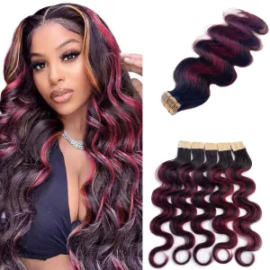 20 Inch Tape in Hair Extensions Human Hair, Body Wave Natural Black Balayage Burgundy Highlights Red Wine Hair Extensions Real Human Hair Tape in Extensions 20pcs 50g/pack Tape Hair Extensions