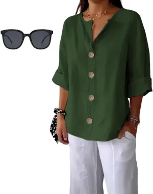 2025 Summer Women's CottonLinen Roll-Up Sleeve Shirts Loose V Neck 3/4 Sleeve Tops, Women's Solid Button-Down