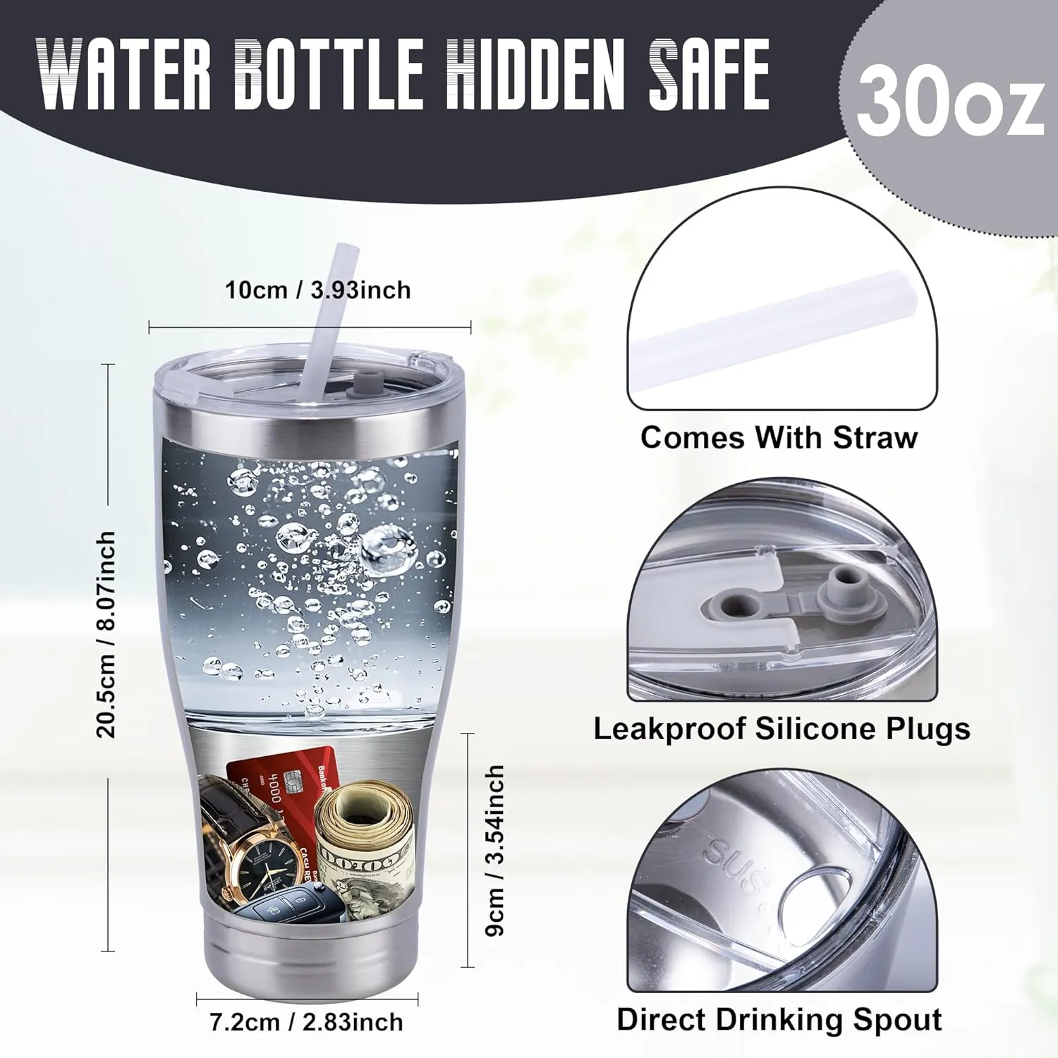 20oz Diversion Safe Water Bottle, Stainless Steel Bottle with Hidden Compartment for Storage Values Like Cash, Keys, Jewelry, Suitable for Outdoor, Gym, and Travel-Silver