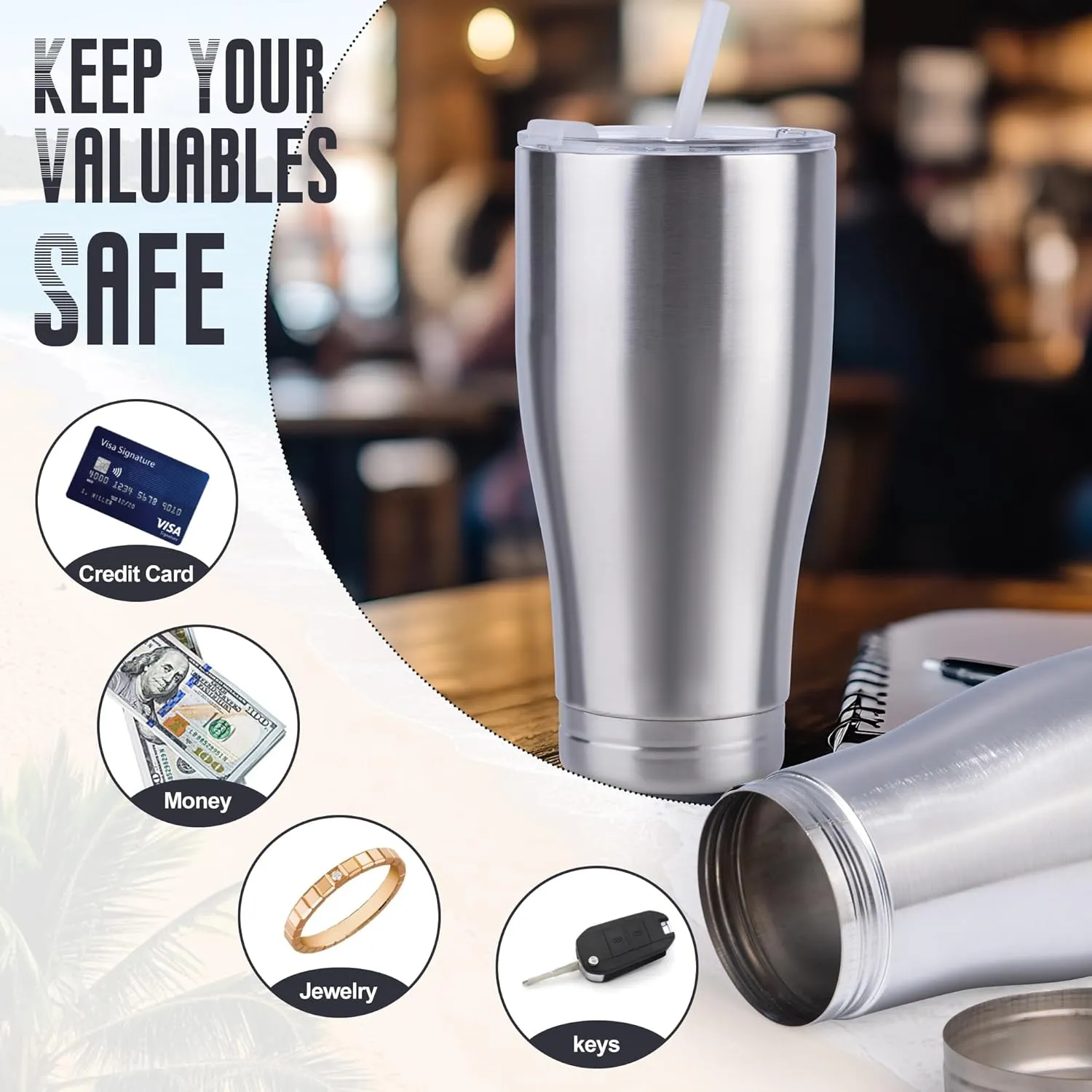 20oz Diversion Safe Water Bottle, Stainless Steel Bottle with Hidden Compartment for Storage Values Like Cash, Keys, Jewelry, Suitable for Outdoor, Gym, and Travel-Silver