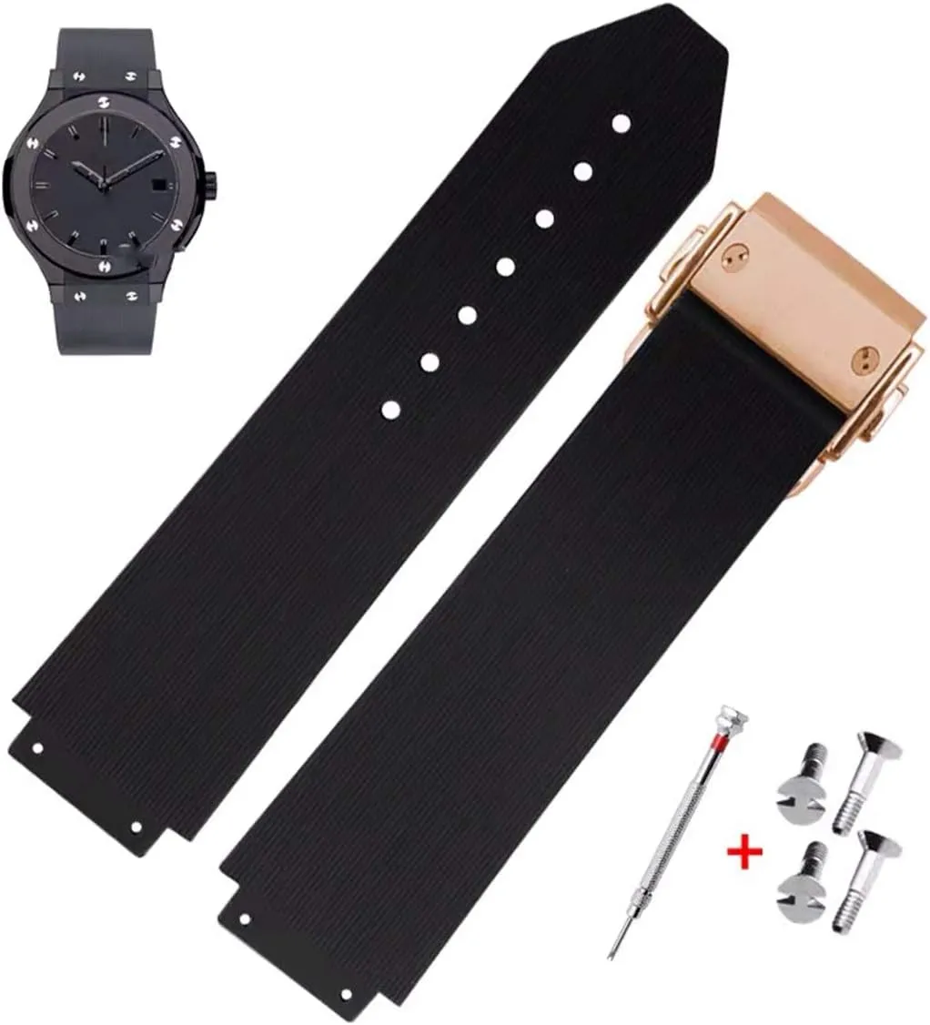 21mm Rubber Watch Strap with Replacement Band Tool for Hublot Big Bang (Black Stripe - Rose Golden Buckle)