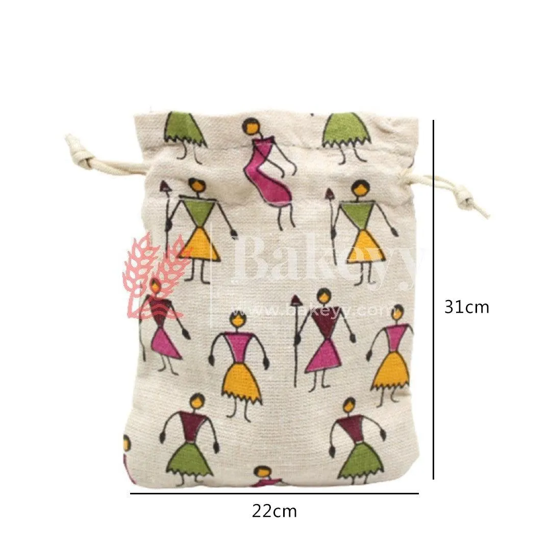 22x31  CM | Original Printed | Printed Potli Jute Bag (Mixed Designs) | Gift Return Gifts Bags |  Drawstring Bags | Pack Of 10