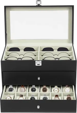 24-Slot Watch Box, 3 Layers Watches and Sunglasses Display Box, Watch and Glasses Storage Case with Large Glass Lid, Watches Organizer for Stores, Homes, Checkrooms