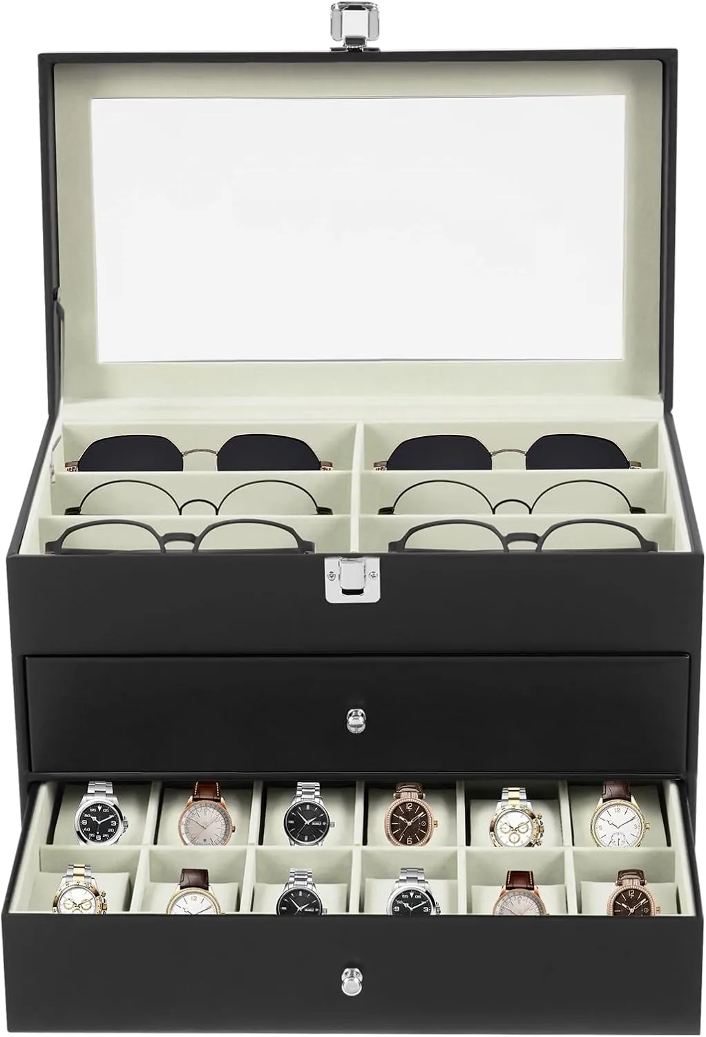 24-Slot Watch Box, 3 Layers Watches and Sunglasses Display Box, Watch and Glasses Storage Case with Large Glass Lid, Watches Organizer for Stores, Homes, Checkrooms