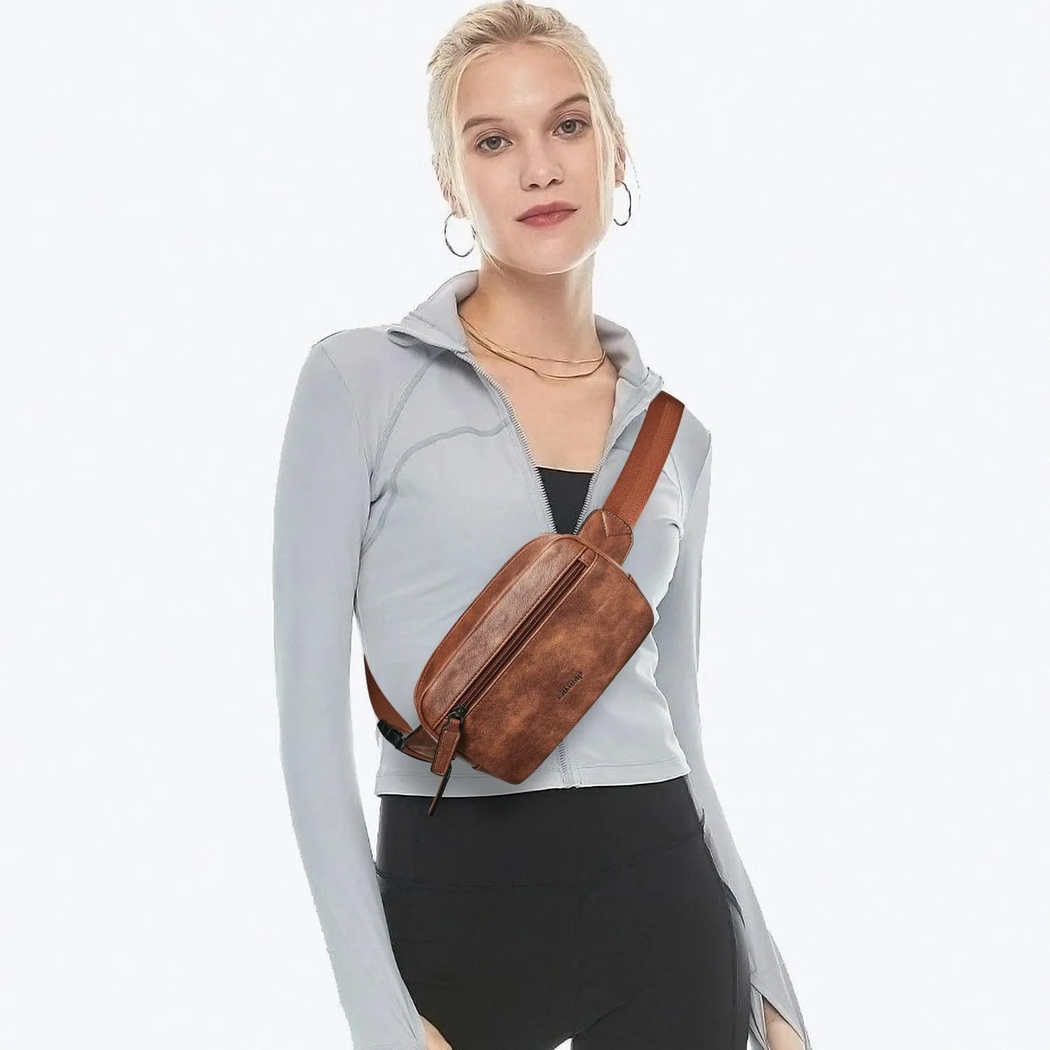 2L Fanny Packs Everywhere Belt Bag Small Fashion Crossbody Waist Pack Faux Leather Waterproof Sling Chest Bag For Women Trendy Brown