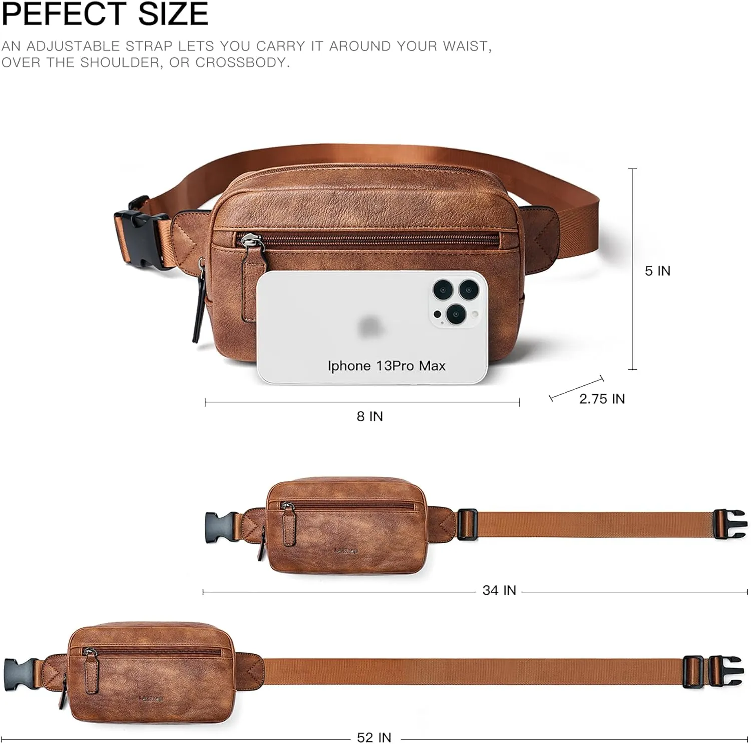 2L Fanny Packs Everywhere Belt Bag Small Fashion Crossbody Waist Pack Faux Leather Waterproof Sling Chest Bag For Women Trendy Brown