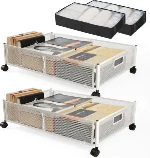 2pcs Large UnderBed Storage with Wheels - Sturdy White Under Bed Storage with Wheels and cover - Under the Bed Shoe Storage with Wheels of High-grade Steel – Can bare upto 25Kgs- 2 FREE COVERS