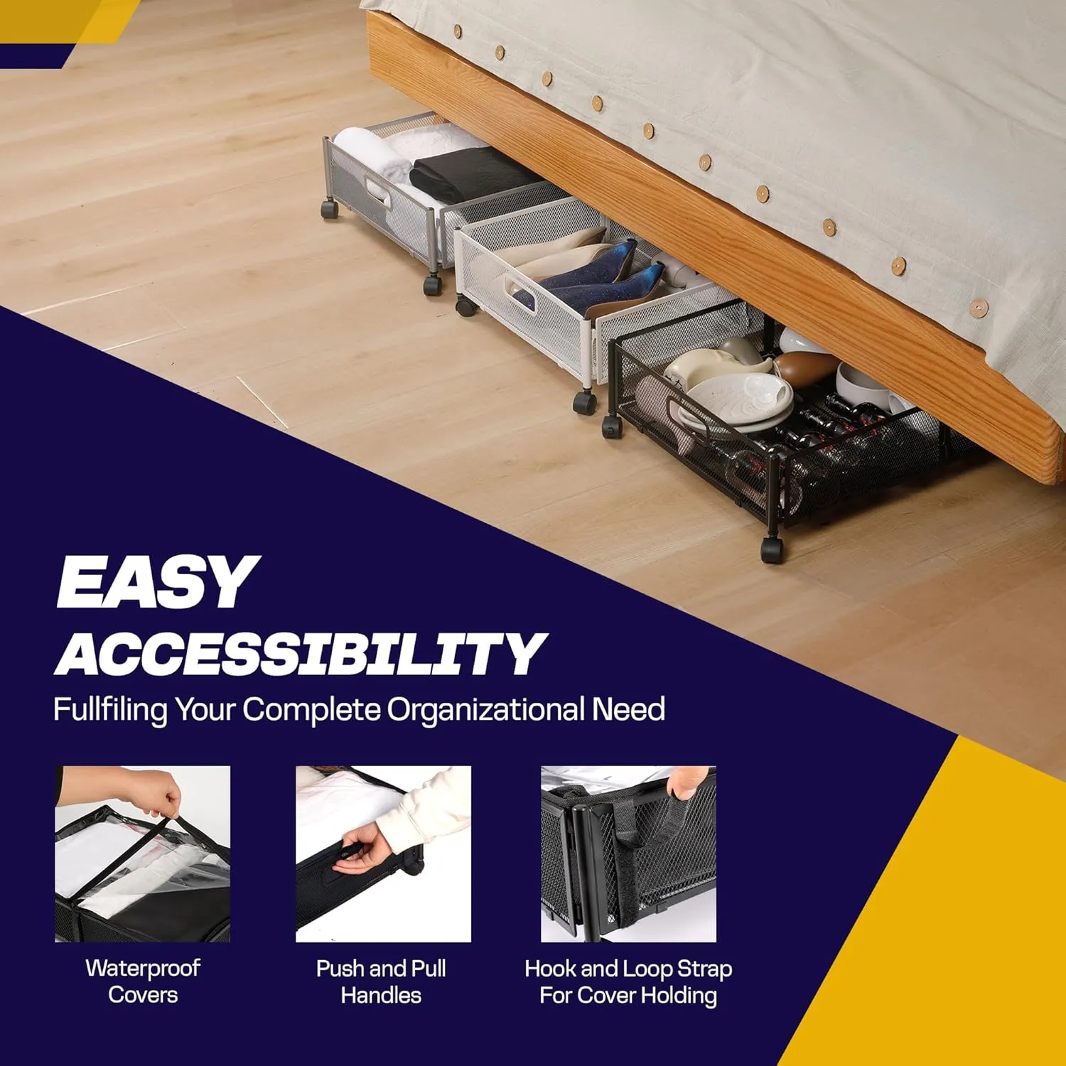 2pcs Large UnderBed Storage with Wheels - Sturdy White Under Bed Storage with Wheels and cover - Under the Bed Shoe Storage with Wheels of High-grade Steel – Can bare upto 25Kgs- 2 FREE COVERS