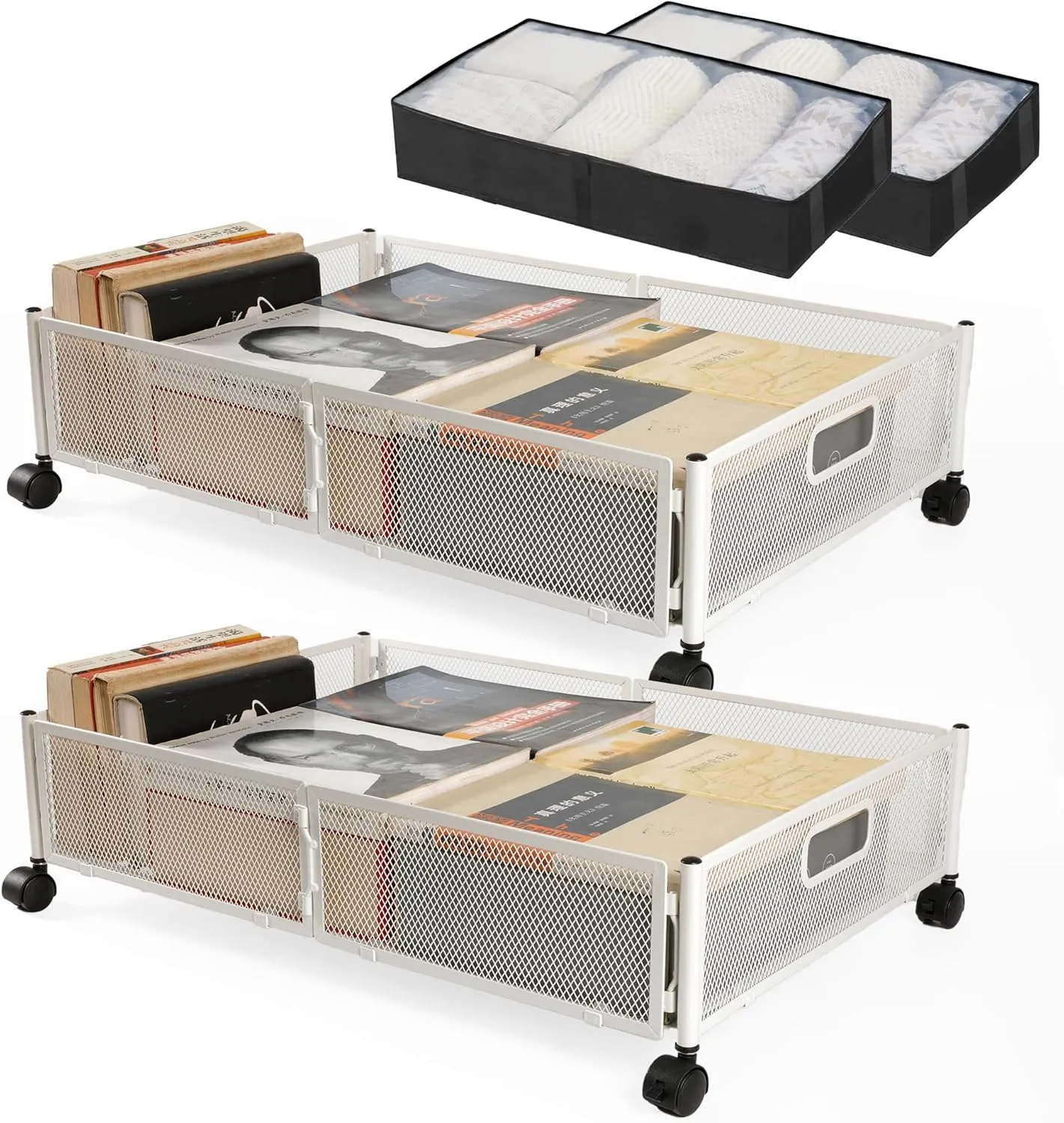 2pcs Large UnderBed Storage with Wheels - Sturdy White Under Bed Storage with Wheels and cover - Under the Bed Shoe Storage with Wheels of High-grade Steel – Can bare upto 25Kgs- 2 FREE COVERS