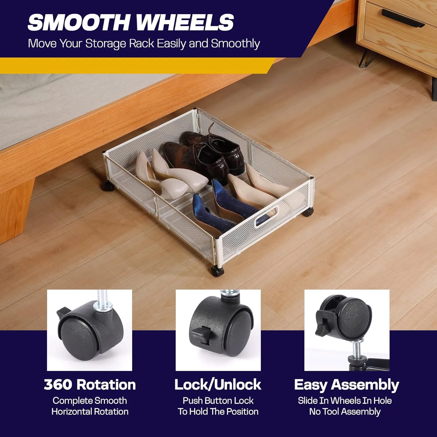 2pcs Large UnderBed Storage with Wheels - Sturdy White Under Bed Storage with Wheels and cover - Under the Bed Shoe Storage with Wheels of High-grade Steel – Can bare upto 25Kgs- 2 FREE COVERS