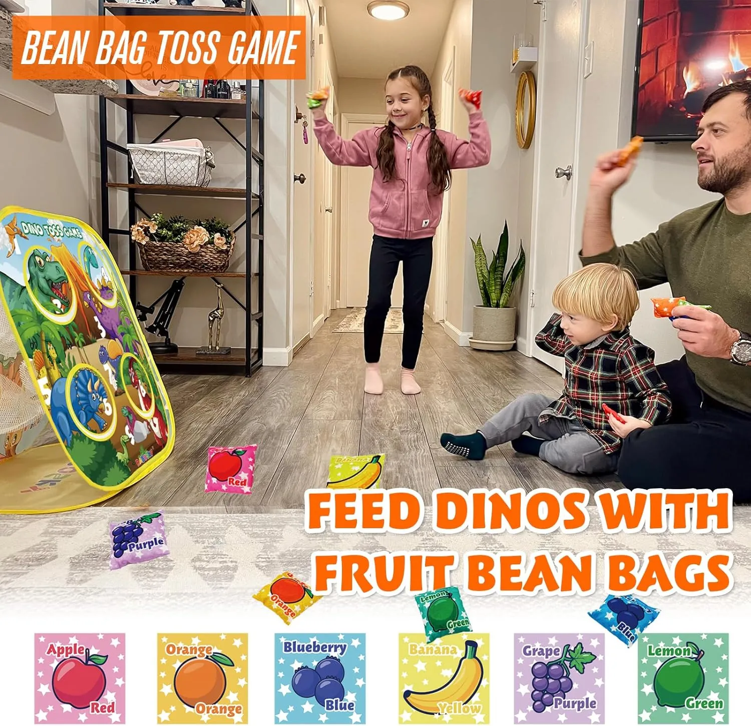 3-in-1 Dinosaur Toss Games for Kids Ages 4-8, Outdoor Outside Toddlers Toys for 2 3 4 5 Years Old Boy Gifts Birthday Valentines Easter Christmas, 6 Fruit Bean Bags, 2 Axes Throwing, 6 Sticky Balls