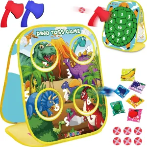 3-in-1 Dinosaur Toss Games for Kids Ages 4-8, Outdoor Outside Toddlers Toys for 2 3 4 5 Years Old Boy Gifts Birthday Valentines Easter Christmas, 6 Fruit Bean Bags, 2 Axes Throwing, 6 Sticky Balls