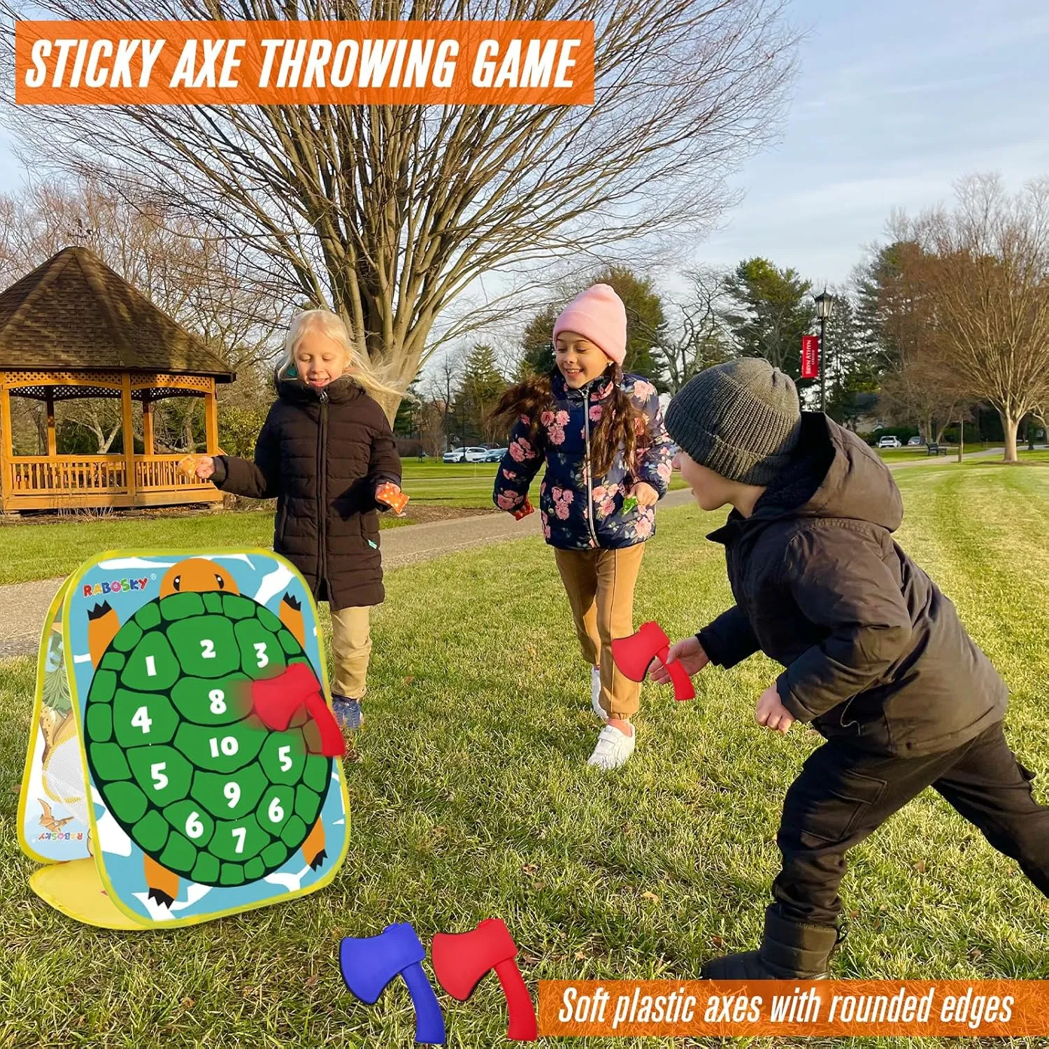 3-in-1 Dinosaur Toss Games for Kids Ages 4-8, Outdoor Outside Toddlers Toys for 2 3 4 5 Years Old Boy Gifts Birthday Valentines Easter Christmas, 6 Fruit Bean Bags, 2 Axes Throwing, 6 Sticky Balls