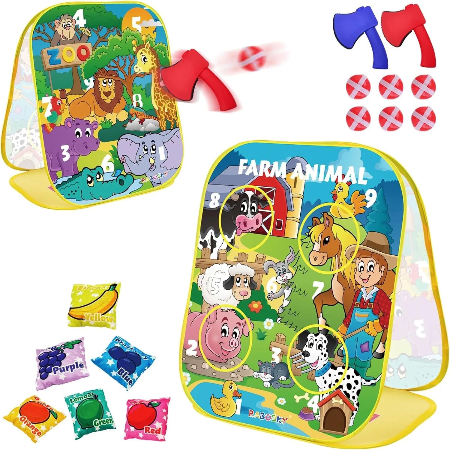 3-in-1 Farm Animals Bean Bags Toss Axes Throwing Sticky Balls Game for Kids 2 3 4 5 Years Old Toddlers Indoor Outdoor Sports Toys Gifts for Boys Birthday Valentines Easter Christmas Stocking Stuffer